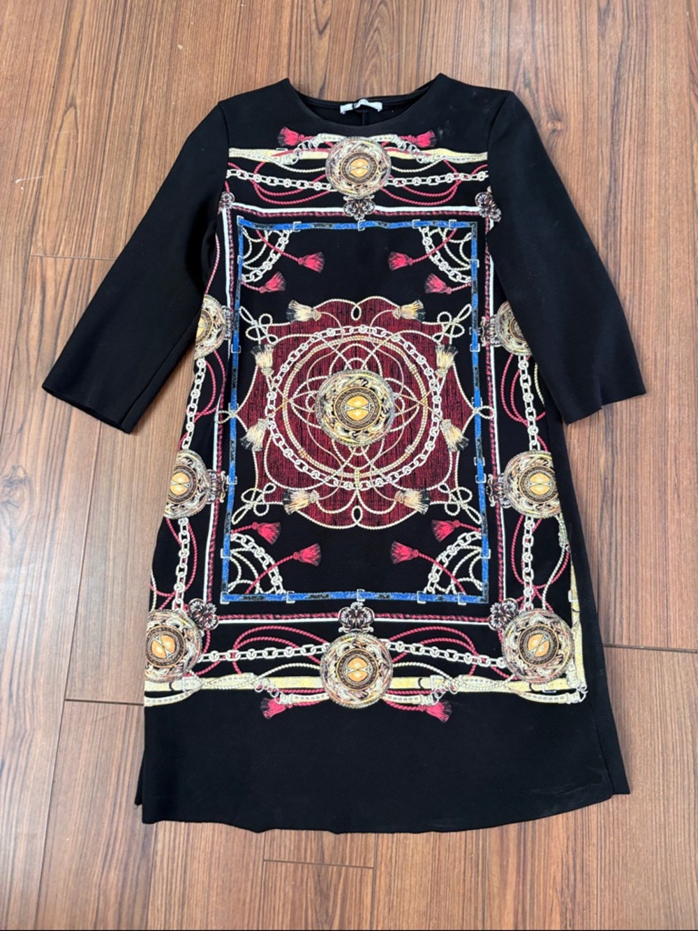 Zara Black Mini Dress with Gold, Red and Blue Medallion Print